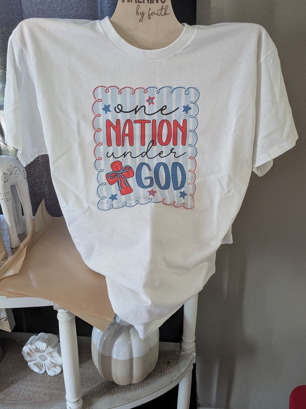 Gilded Intent White Tee with Red and Blue Patriotic Graphic